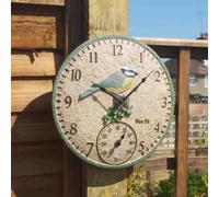 Garden Mile 30cm Blue Bird Design Garden Clock and Thermometer Durable Quarts Clocks Outdoor Wall Ornament Decorative Wall Clock for Patio, Kitchen, Livingroom Décor
