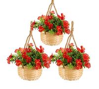 Garden Mile® 3pc Artificial Red Blossom Basket Bouquet Hanging Flower Basket Indoor Outdoor Wicker Straw Baskets for Home and Garden (3, RED)
