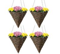 Garden Mile 4 Pack 12 Inch Cone Rattan Hanging Baskets - Wicker Outdoor Planters with Chains & Liners - Patio, Garden & Balcony Flower Pots