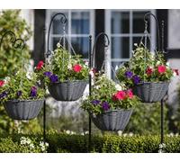 Garden Mile 4 Pack Slate Rattan Hanging Basket Outdoor - 38cm Durable Weatherproof Planter Grey Flower Basket - Heavy Duty Plant Pot for Garden Decorations, Outdoor Wall Decor, Patio Hanging Planters