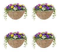 Garden Mile 4 x 14” Round Hanging Flower Baskets - Brown Rattan Wicker Planters with Liner & Hanging Chains - Outdoor Garden Display Pots