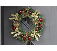 Garden Mile Christmas Wreath 40cm Red & Gold baubles berries and Poinsetta Finished Xmas Wreath Ideal For Home Or Office Decoration