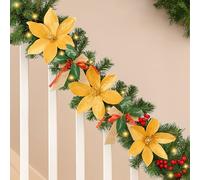 Garden Mile 9ft Luxury Pre Lit Gold Christmas Garland with LED Lights - Battery Powered Gold Garland with Clip-On Poinsetta Florals & Bows for Custom Styling - Fireplace & Stairs Christmas Decoration