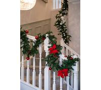 garden mile® 9ft Pre-Lit Artificial Garland Christmas Garland With Lights Warm White LED's 180cm Pinecones Red Poinsetta Flowers Large Xmas Decorations Fireplace Christmas Garland Xmas Decorations