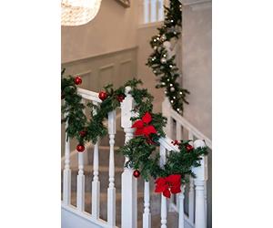 garden mile® 9ft Pre-Lit Artificial Garland Christmas Garland With Lights Warm White LED's 180cm Pinecones Red Poinsetta Flowers Large Xmas Decorations Fireplace Christmas Garland Xmas Decorations