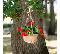 Garden Mile® Artificial Flower Hanging Basket Garden Red Flower Outdoor Planter Plant Pot Fake Flower Centrepiece Rope Basket with Fake Flowers Small Wicker Straw Flower Basket