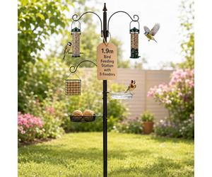 Garden Mile Bird Feeding Station 1.9m, Heavy Duty Metal Bird Feeder Stand with Seed Feeders, Peanut Feeder, Fat Ball Feeder, Bird Bath Water Bowl & Feeding Tray for Wild Garden Birds