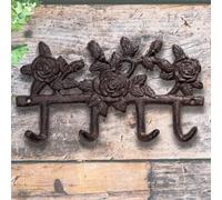 Garden Mile Cast Iron Rose 4 x Hook Garden Outdoor Indoor Hooks Hanging Wall Mounted Heavy Duty Decorative Hook