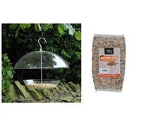 Garden Mile® Clear Hanging Dome Canopy Bird Feeder with 1kg Bag of Bird Feed and Nut Seeds for Wild Birds - Outdoor Garden Patio Wildlife Food