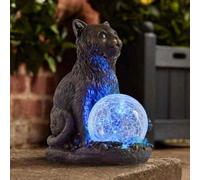 Garden Mile Colour Changing Statue Led Solar Cat - 19 Cm Durable Resin Ornament With Crystal Ball - Decorative Outdoor For Patio