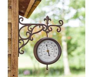 Garden Mile Double Sided Station Clock and Thermometer Outside Clock and Thermometer for Garden Weatherproof Grden Wall Ornaments Thermometers Outdoor Clocks for Garden