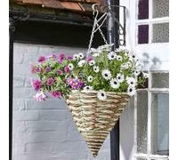Garden Mile Garden Hanging Flower Basket 14'' Cone Rattan Effect Plant Holder Outdoor Plant Pot Planter with Hanging Chain Wicker Flower Pot Basket Pre-Lined for Easy Planting