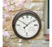Garden Mile Large 15" Garden Wall Clock & Thermometer, Battery Operated Outdoor Clock with Weather Resistant Waterproof Roman Numerals, Modern Decor for Living Room, Indoor and Outdoor Use