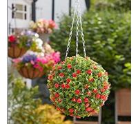 Garden Mile Artificial Topiary Ball Hanging Fake Flowers Red Roses Faux Floral Bouquet with Hanging 3 Way Chain Garden Outdoor Decoration Red Artificial Flower Plant