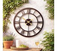 Garden Mile Large 50cm Skeleton Wall Clock - Metal Roman Numeral Open Face Design, Brown Vintage Industrial Wall Clock with Gold Hands, Battery Operated, Easy Hang Hook for Living Room Décor