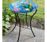 Garden Mile Large Hummingbird Glass Bird Bath Table, Hand-Painted Decorative Outdoor Table with Metal Frame, Weather & UV Resistant, Versatile Bath for Garden Birds