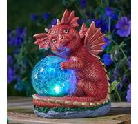 Garden Mile Large Solar Dragon Light Ornament - 20cm Resin Waterproof Red Dragon With Colour Changing LED Light & Glass Crackle Ball - Solar Ornaments For Outdoor Decor, Garden Lights & Novelty Gifts