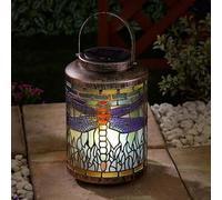 Garden Mile LED Dragonfly Hanging Solar Lantern - 24cm Decorative Glass Lantern with Cool White LED Lights - Waterproof Solar Lights for Outdoor Garden Decorations and Pathway Lighting