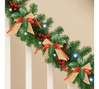 Garden Mile Luxury Artificial Tipped Christmas Garland Extra Thick Pre-Lit with 25 Warm White LED Lights Light up Christmas Decoration (255cm Garland W/Bows)