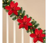 Garden Mile Marco Paul 9ft Traditional Light Up Red Poinsettia Flower Christmas Garland Warm & Bright LED Lights Thick Pre Lit Berries Pinecones Indoor Christmas Garland fr Stairs & Home Decor