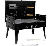 Garden Mile Portable Charcoal BBQ Grill, Foldable Stainless Steel Camping Barbecue with Tool Set, Small Travel Mini BBQ for Garden, Picnic & Outdoor Cooking, Black