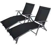 garden mile Reclining Outdoor Sun Lounger - 7 Position Folding Chair, Aluminium Frame Furniture Powder Coat Finish with Black Sling Decking Chair for Sunbathing, Relaxing - Twin Grey
