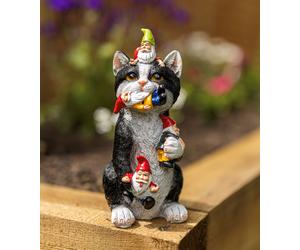 Garden Mile Resin Gnome Eating Cat Colourful 21 x 8 x 9cm, Black and White