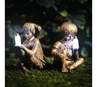 Garden Mile Resin Solar Powered Boy and Girl Garden Ornament Outdoor Weatherproof Durable Patio Sculpture with Light-Up Firefly Jar Perfect Fence Outdoor Statues Garden Accessories