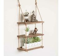 Garden Mile Rustic Rectangular 3 Tier Wooden Rope Shelves - Vintage Storage Shabby Chic Style Wall Mounted Floating Shelf - Decorative Shelves for Hallway, Kitchen, Bedroom, Living Room Decor