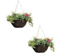 Garden Mile Set of 2 14” Hanging Flower Baskets - Dark Rattan Wicker Planters with Liner & 18" Chain - Outdoor Hanging Plant Pots for Garden, Balcony & Patio Décor