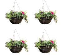 Garden Mile Set of 4 14” Hanging Flower Baskets - Dark Brown Rattan Wicker Outdoor Planters with Liner & 18" Chains - Large Hanging Plant Pots for Garden, Patio & Balcony Display