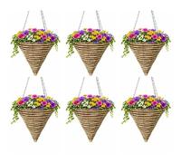 Garden Mile Set of 6 Large 14 Inch Cone Hanging Baskets - Brown Rattan Wicker Outdoor Planters with Liners & Hanging Chains - Garden & Terrace Décor