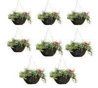 Garden Mile Set of 8 14” Hanging Flower Baskets - Large Dark Rattan Wicker Hanging Planters with Liner & 18" Chain - Outdoor Garden, Patio & Balcony Plant Pots