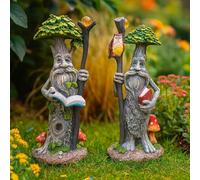 garden mile 22cm Waterproof Resin Garden Ornaments Outdoor Tree Man Statue with Traditional Stone Effect - Pair Fairy Garden Figurines with Gnomes for Outdoor Garden Decor - Set of 2