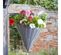 Garden Mile Slate Rattan Hanging Basket Outdoor Durable Cone Shaped Planter for Garden Decorations, Patio Hanging Flower Planters - Weatherproof Garden Planter, Grey, 14 Inch, Pack of 4