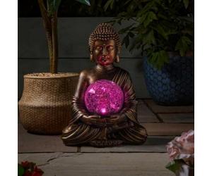 Garden Mile Solar Buddha Statue Outdoor Ornament - Large Bronze Effect Meditating Figure with Crackle Glass Ball, Waterproof Resin, Multi-Colour LED Light, Zen Garden Decor for Home, Patio, and Yard