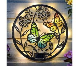 Garden Mile Solar Butterfly Garden Wall Decor - Decorative Outdoor Wall Art with Warm White LED Lighting, Stained Glass Effect Light for Patio, Fence, Balcony & Garden, 32cm x 32cm