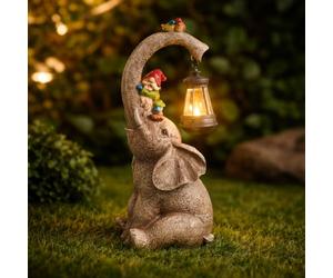 Garden Mile Solar Elephant Garden Ornament with Hanging Lantern Light 28cm Resin Elephant Statue Outdoor Solar LED Garden Decoration Weatherproof Patio Lawn Decorative Animal Light Garden Gift