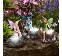 Garden Mile Set of 3 Fairy Garden Statues with Solar Spotlights Outdoor Novelty Garden Lighting LED Fairy Lights Solar Lights Outdoor Ornaments in Pink Blue And Green.