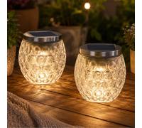 Garden Mile Solar Glass Jar Lights Set of 2 - Warm White LED Solar Lanterns with Auto On/Off Sensor, Heavy Dimpled Glass Outdoor Table Lights, Waterproof Garden Ornaments for Patio, Balcony & Pathway