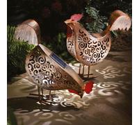 Garden Mile Solar Powered Silhouette Hen Lights Bronze Effect Metal LED Garden Animal Hens Sculptures Waterproof Lighting Outdoor Garden Scroll Effect Ornaments Set of 2