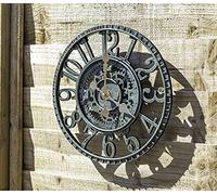 garden mile Traditional Vintage Style Garden Ornament Wall Clock with Blue Slate Effect - Large Weatherproof Battery Operated Resin Retro Open Face for Outdoor or Indoor Wall Clocks Decor - 30cm