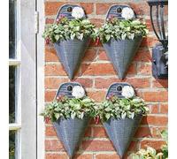 Garden Mile® Wall Mount Cone Flower Basket 14'' 4pc Set Grey Rattan Effect Planter Outdoor Indoor Pre-Lined Plant Pot Holder