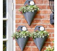 Garden Mile Wall Mounted Flower Basket 14'' 3pc Set Cone Rattan Effect Plant Holder Outdoor Planter Grey Wicker Pre-Lined for Easy Planting