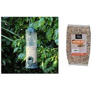 garden mile® Wild Bird Feeder with 1kg bag Premium Seeds, Large Hanging Metal Frame with duel Perch, Refillable Lawn and Garden Outdoor Use, Enjoy Birdwatching or Birding