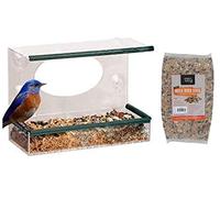 Garden Mile Window Bird Feeder With 1 kg Bag of Bird Food - Clear Hanging Perspex Window Bird Feeder - Wildlife Feeding Station for Wild Birds Outdoor Garden and Patio - Glass Mounted Bird Station