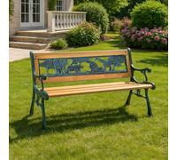 Garden Mile Wooden Kids Bench Outdoor Heavy Duty Solid Wood 2 Seater Garden Bench With Cast Iron Animal Pattern - All Weather Children Garden Furniture for Patio Chair, Balcony, Porch