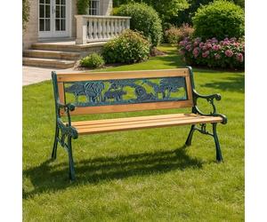 Garden Mile Wooden Kids Bench Outdoor Heavy Duty Solid Wood 2 Seater Garden Bench With Cast Iron Animal Pattern - All Weather Children Garden Furniture for Patio Chair, Balcony, Porch