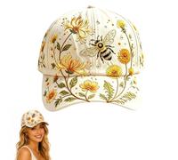 Garden Morning Floral Baseball Cap with Embroidery Bee and 2d Printed Bloom Pattern Adjustable Botanical Cottagecore Cap for Sun Shading Summer Breathable Sun Hat Gardening Gift for Women Man (Bee)