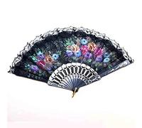 Garden Of Arts Colored Embroidered Flower Pattern Black Silk Cloth Folding Hand Fan for Woman
